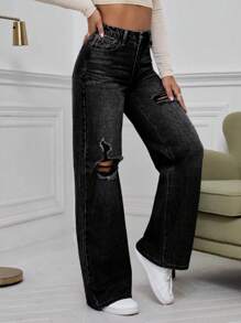EMERY ROSE Jeans casuales de pierna recta lavados con detalles desgastados