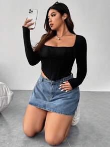 SHEIN EZwear Plus Square Neck Asymmetrical Hem Crop Tee - Black - View 5