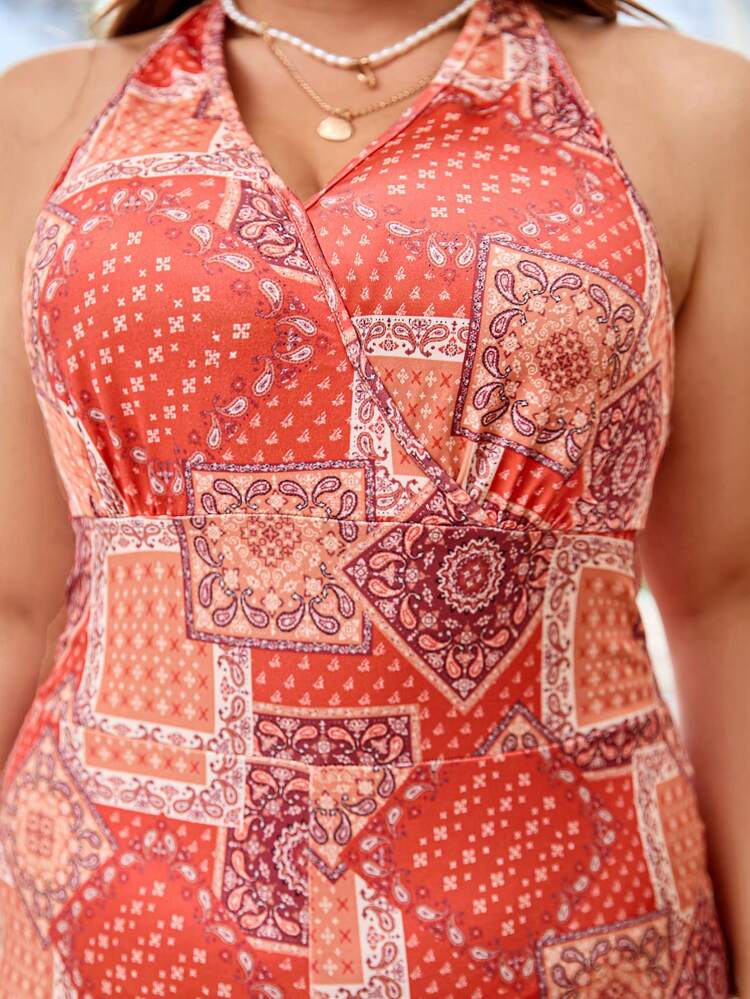 Plus Size Vacation Casual Patchwork Printed Backless Halter Jumpsuit