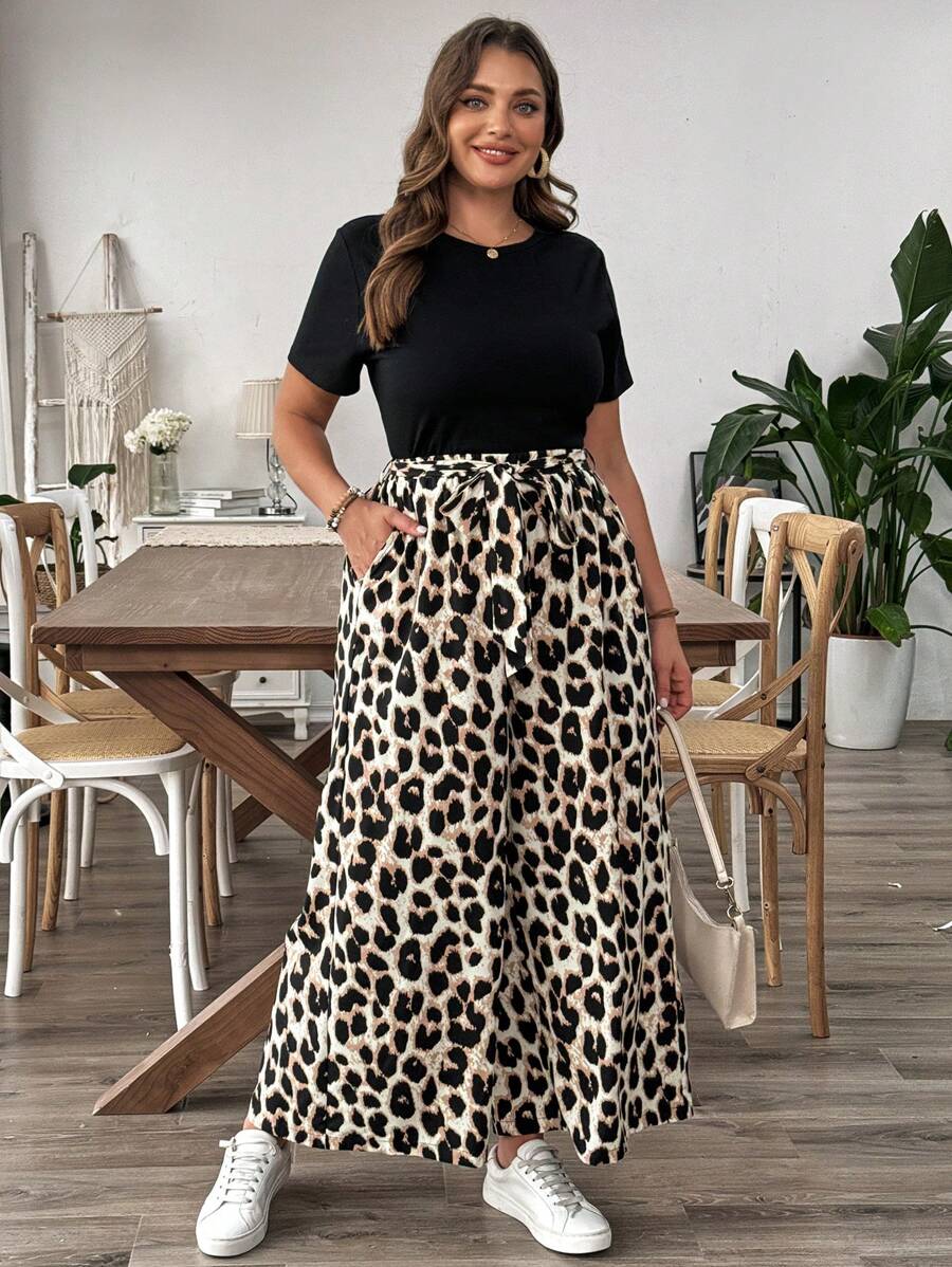 SHEIN LUNE Loose Fit Short Sleeve Leopard Print T-Shirt And Elastic Waist Wide Leg Pants Plus Size 2pcs/Set - Multicolor - View 1