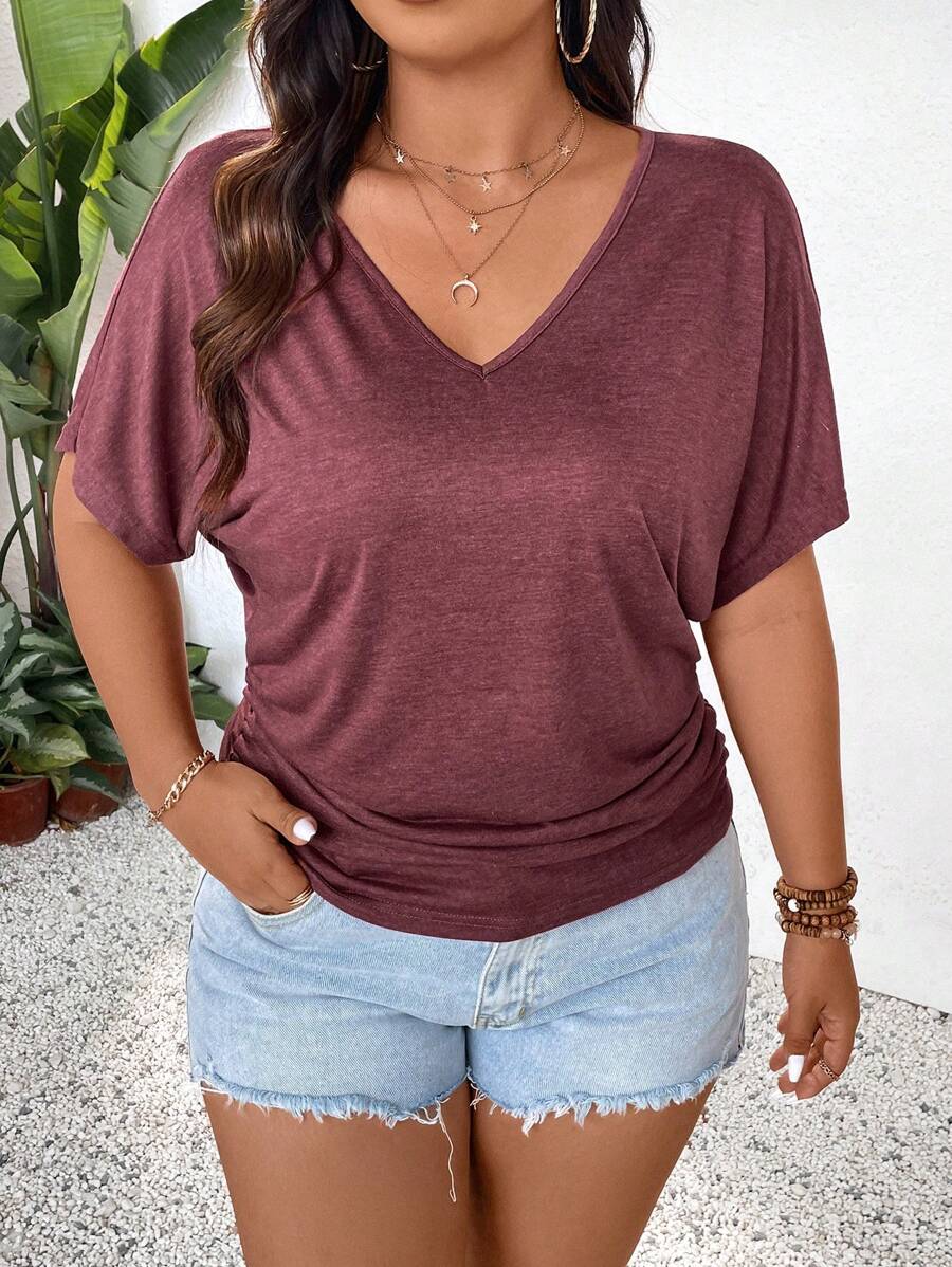 SHEIN Frenchy Plus Size Women's Summer Solid Color V-Neck Batwing Short Sleeve Casual Vacation T-Shirt With Layered Hem