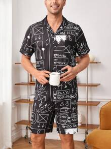Conjunto de camisa de manga corta abotonada y pantalones cortos con estampado todo sobre hombre, ropa de ocio de verano - Negro - Ver 8