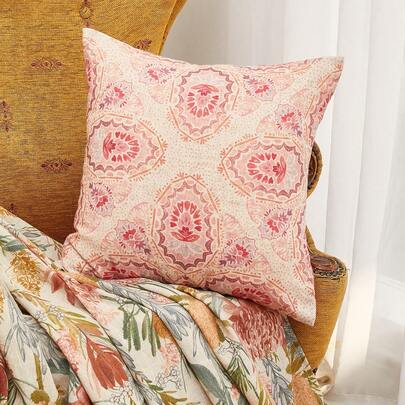 LongNap™ 1pc Linen Textured Floral Print Artistic 170GSM Thicer Cushion Cover Without Filler, Decorative Throw Pillowcase For Bed/Sofa/Farmhouse