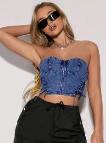 SHEIN ICON Women's Simple Strapless Washed Zipper Top For Daily Wear - Blue - View 4