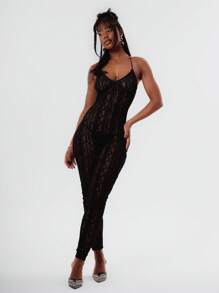 MUSERA Black Sheer Lace Jumpsuit Unitard, For Summer Sexy Club Spring Summer Vacation - Black - View 1