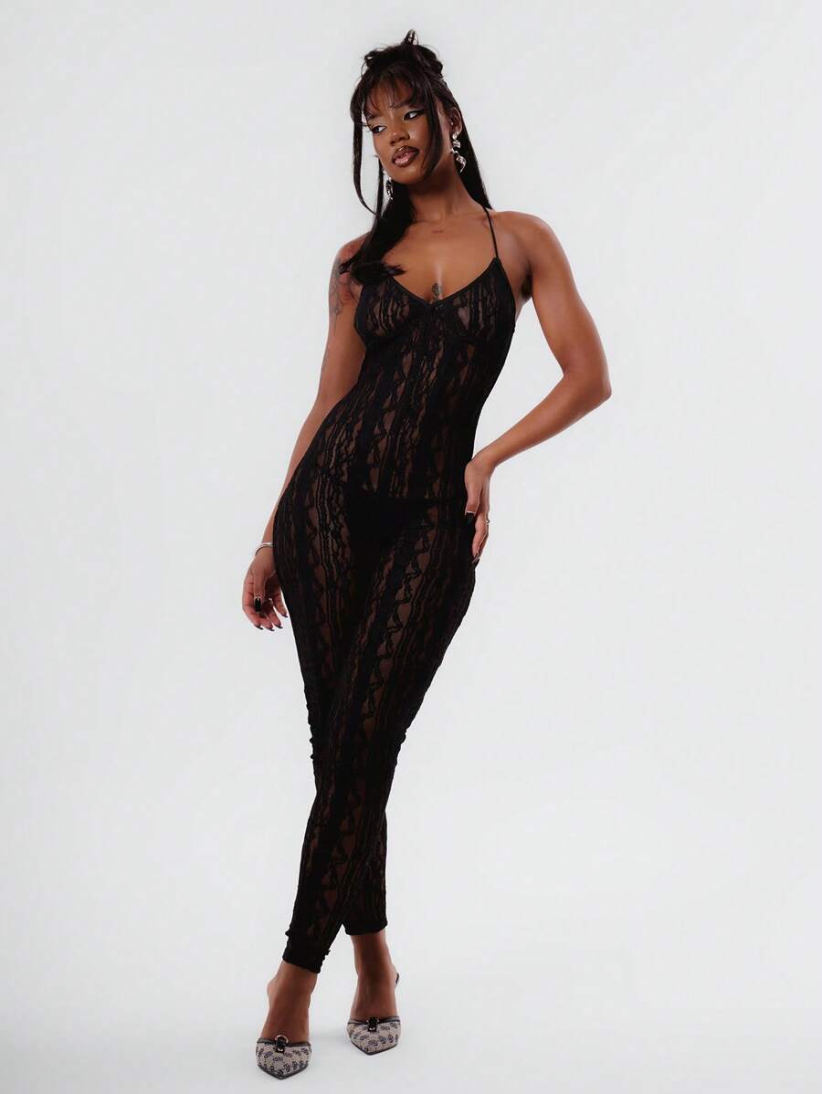 MUSERA Black Sheer Lace Jumpsuit Unitard, For Summer Sexy Club Spring Summer Vacation - Black - View 1