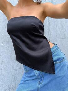 Aloruh Parte superior tubo asimétrica básica, versátil, para uso diario, elegante y casual, de moda simple para primavera/verano para mujeres - Negro - Ver 4