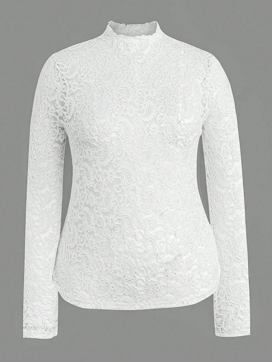 Flirla White Paisley Pattern Lace Plus-Size Women Top - White - View 1