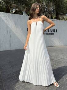 Aloruh Abito da donna bianco plissettato a trapezio con spalline sottili per la primavera/estate, perfetto per le vacanze - Bianco - Visualizzare 3