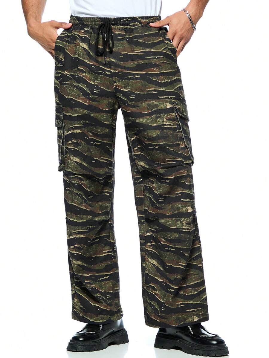 Forever 21 Men's CARGO PARACHUTE PANTS With Camo Printed - Army Green - View 1