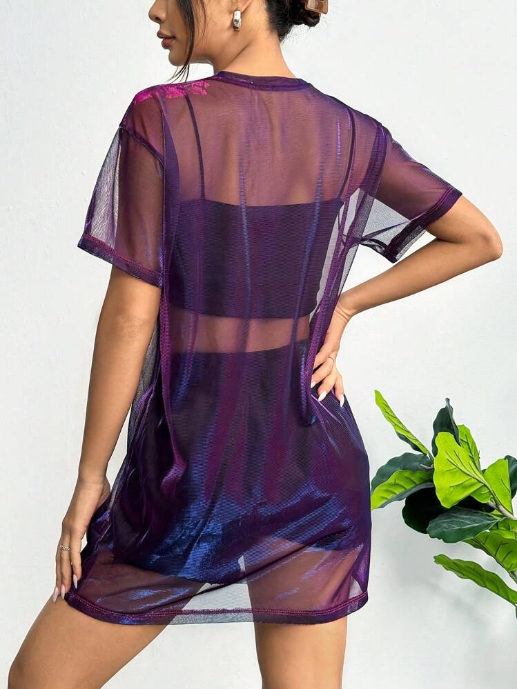 SHEIN EZwear Vestido feminino colado e sexy de malha e translúcido, com decote redondo - Roxo - Visão 2