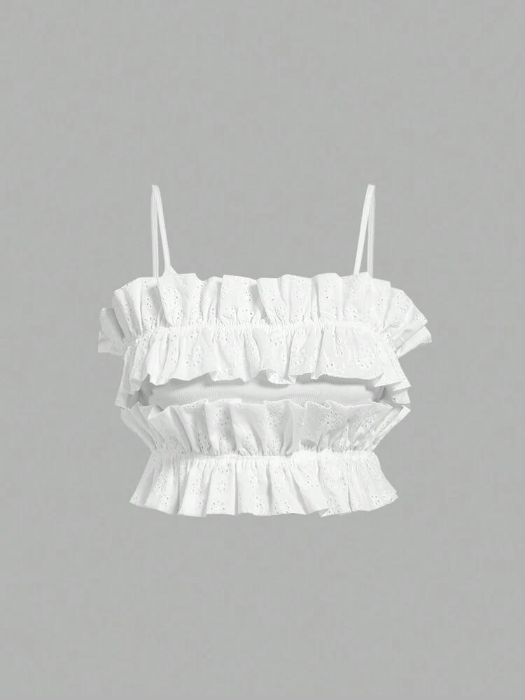 Plus Size  White Cute Plain Jacquard Fabric Ruffle Trim Camisole Top