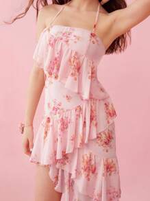 Enchnt Rosa Blumen Muster Neckholder Asymmetrischer Saum Modisches Brautkleid mit Rüschenverzierung, Strandkleid für den Sommer - Pink - Übersicht 8