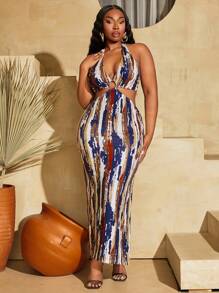 SHEIN SXY Plus Size Women's Fashionable Colorful Printed Halter Neck Dress