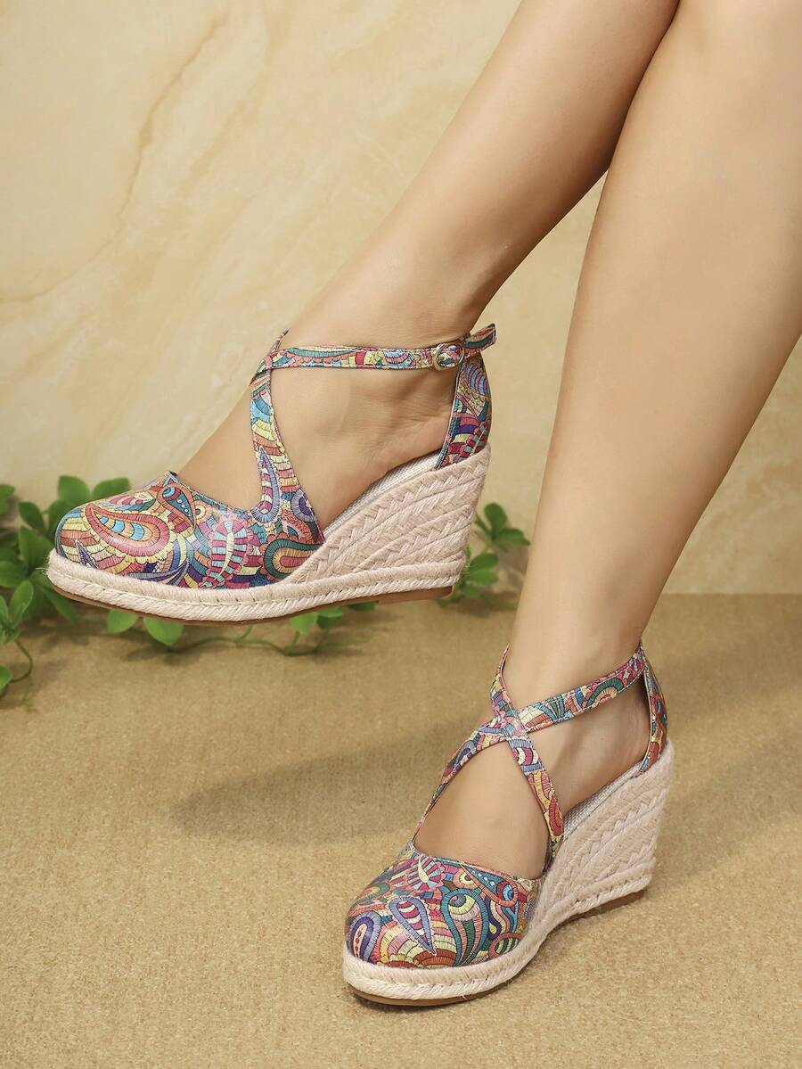 Thời Trang Mới Peep Toe Bohemian Nêm Gót Với Hoa Văn Nhiều Màu Sắc Và Dây Bện Mỏng Dành Cho Nữ - Màu xanh lam - Xem 1