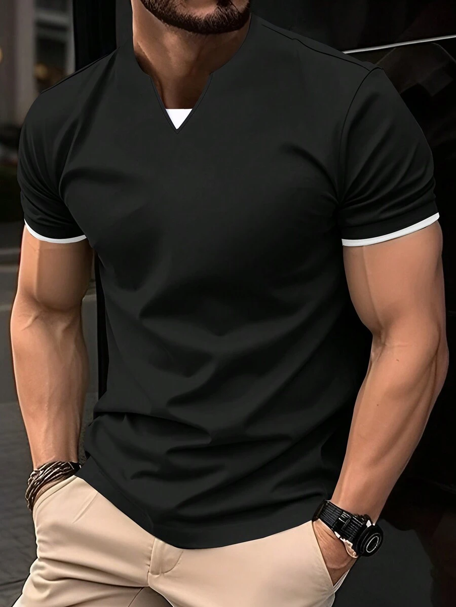 Manfinity Homme Áo thun nam ngắn tay mùa hè có cổ chữ V - màu đen - Xem 1