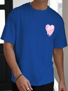 Manfinity Hypemode 男士夏季短袖圓領休閒T卹，設有標語和心形印花 - 藍色 - 查看 2