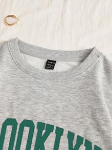 SHEIN EZwear Casual Sporty Letter Printed Flower Grey Round Neck Loose Plus Size Sweatshirt, Autumn And Winter Fall