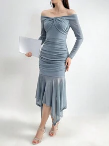 Modelyn Women's Fashionable Solid Color Long Sleeve Off-The-Shoulder Dress - Blue - View 6