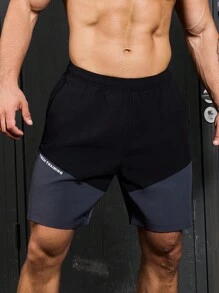 SHEIN Shorts Esportiva Masculina de Cintura Elástica com Blocos de Cor e Bolsos, Estilo Namorado, para o Verão - Preto - Visão 5