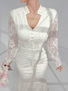 Modelyn Ladies' Solid Color Simple Design Lace Decorated Dress Long Evening Dresses - White - View 3