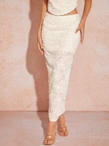 SHEIN BAE Women's Cream-Colored Jacquard Slit Skirt With Low Waistline And Extra Length, Ideal For Summer Vacations - Apricot - View 7