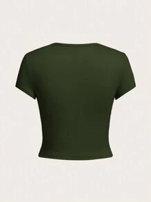 SHEIN EZwear 4件裝休閒圓領正肩短袖修身女款T恤 夏季校園居家日常穿著 黑色 深綠色 棕色 白色 - 彩色 - 查看 3