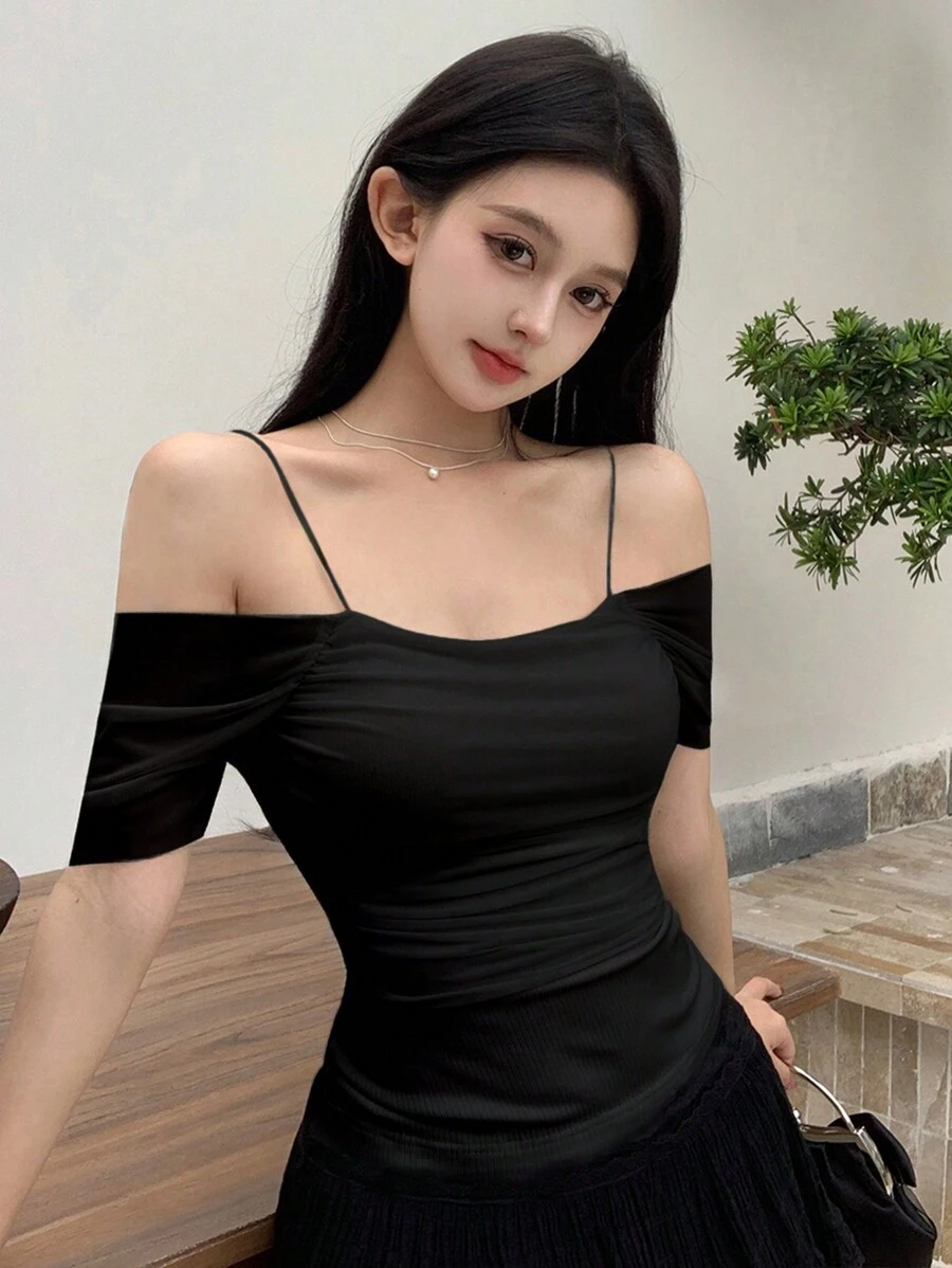 DAZY 女士夏季修身露肩纯色短袖T恤露肩上衣 - 黑色 - 查看 1