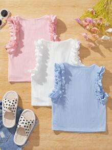SHEIN Young Girl Knitted Solid Color Sleeveless Top With Ruffle Hem, Three-Piece Set - Multicolor - View 4