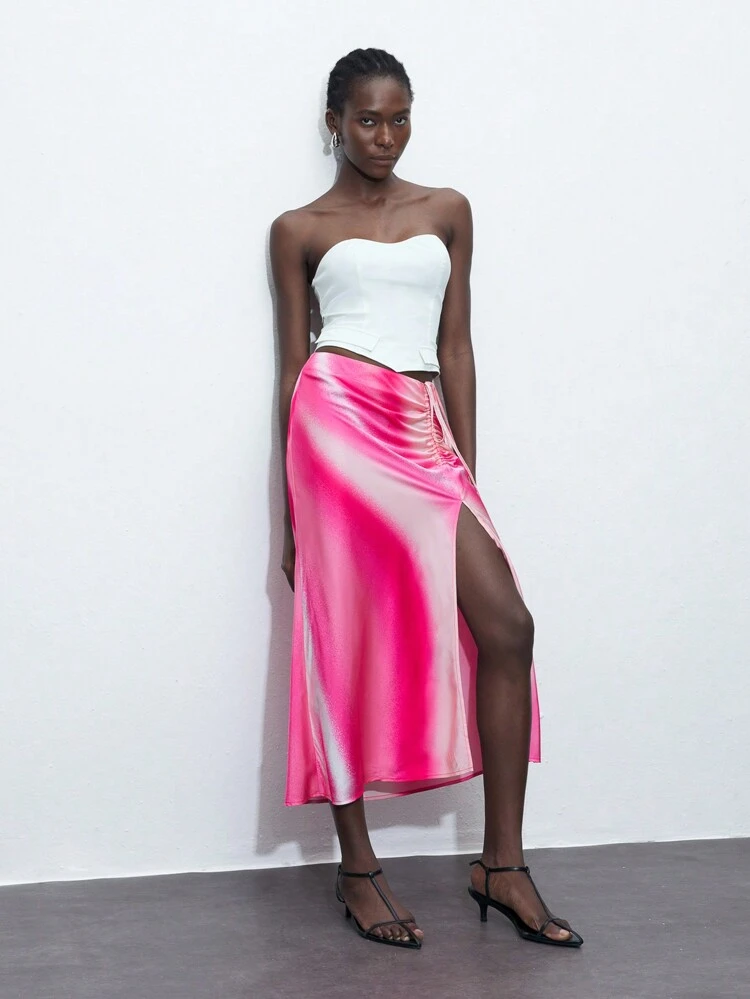 Women's Fashionable Asymmetrical Printed Drawstring Design High Slit Skirt