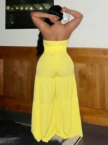 Slaydiva Plus Size Solid Color Woven Strapless Jumpsuit With Twisted Knot And Wide Leg For Women, Holiday And Leisure