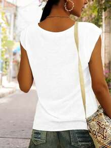 INAWLY 女士夏季休閒V領短袖T恤，印有標語印花 - 白色 - 查看 2