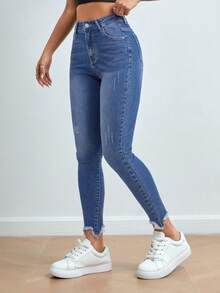 SHEIN PETITE Pantalones vaqueros de mezclilla ajustados y cepillados de unicolor de moda para mujer - azul real - Ver 5