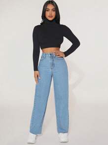 SHEIN PETITE 女士簡約日常直筒牛仔褲 - 淺色水洗藍 - 查看 4