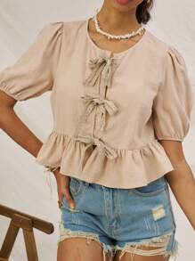 Soleia Ladies Romantic Casual Vacation Shirt With Apricot Lace Texture And Bow Tie Belt - Apricot - View 3