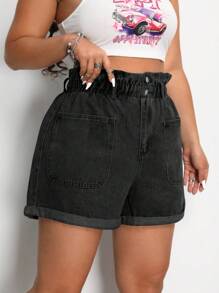 SHEIN ICON 大碼女士高腰寬腿牛仔短褲，褶邊和口袋設計