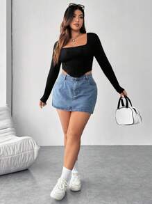 SHEIN EZwear Plus Square Neck Asymmetrical Hem Crop Tee - Black - View 7
