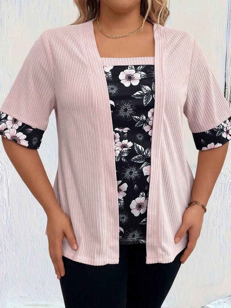 Plus Size Women's Loose-Fit Short Sleeve T-Shirt With Floral Print Patchwork For Summer