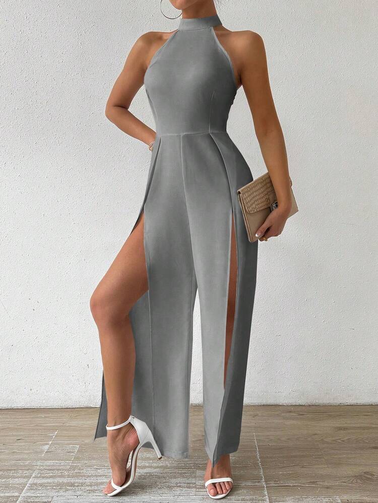Women's Solid Color Simple Daily Open Shoulder Split Jumpsuit