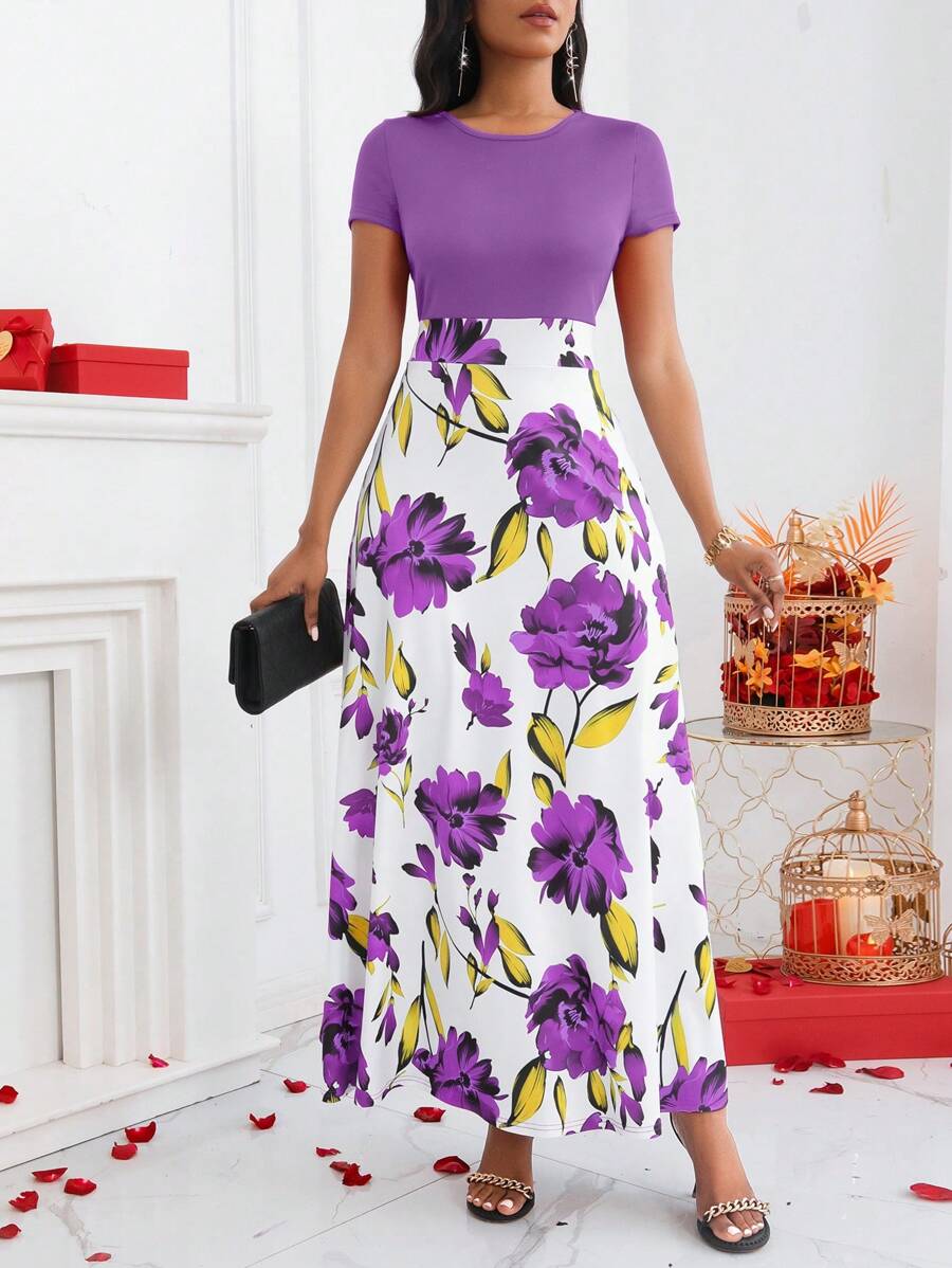 SHEIN Unity 夏季日常印花修身短袖连衣裙长款女装 - 紫色 - 查看 1
