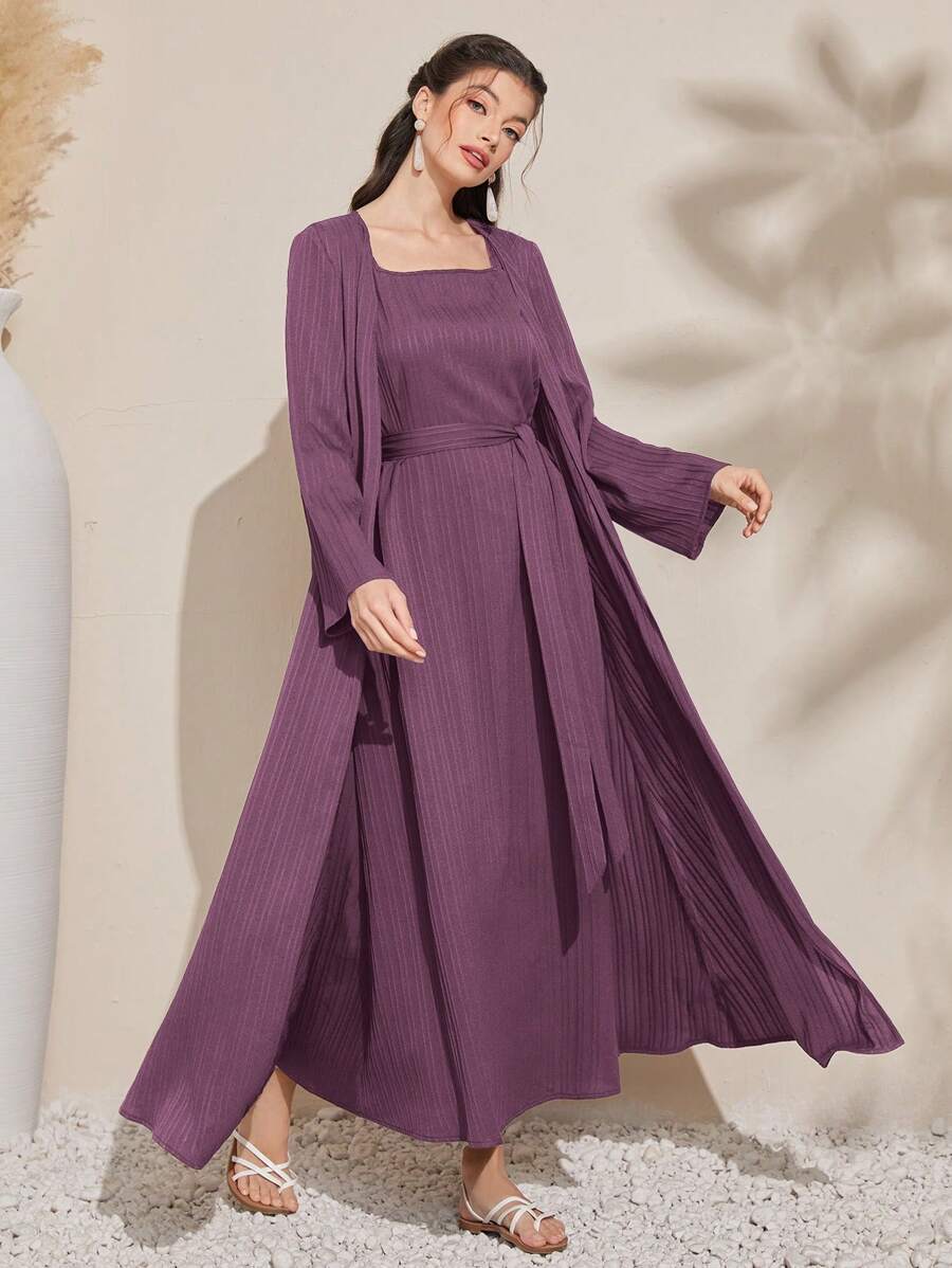 Seusyu Bộ 2 món váy không tay màu trơn và áo choàng dài hở phía trước cho nữ - Màu tím - Xem 1