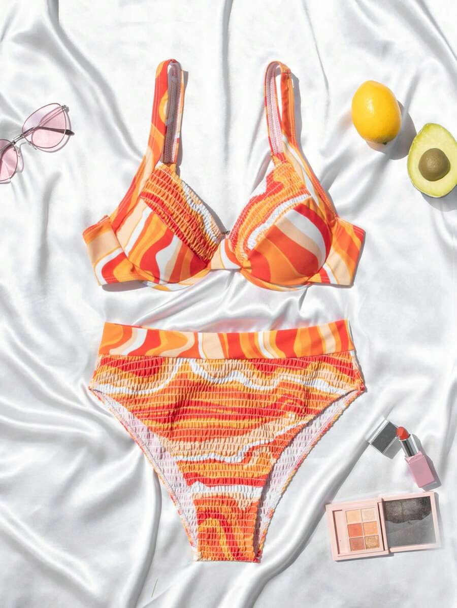 SHEIN Swim Women's Marble Printed Sexy Bikini Set For Vacation, Random Pattern,Summer Beach - Multicolor - View 1