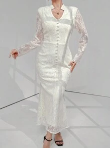 Modelyn Ladies' Solid Color Simple Design Lace Decorated Dress Long Evening Dresses - White - View 7