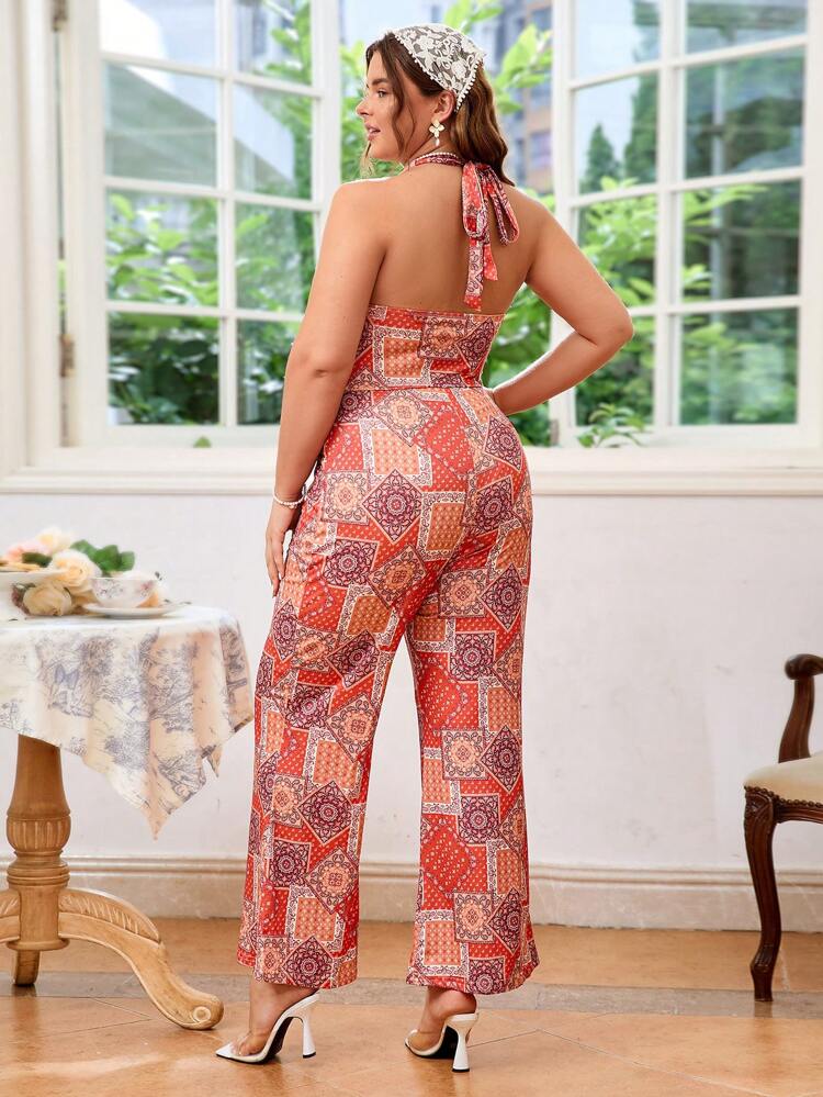 Plus Size Vacation Casual Patchwork Printed Backless Halter Jumpsuit