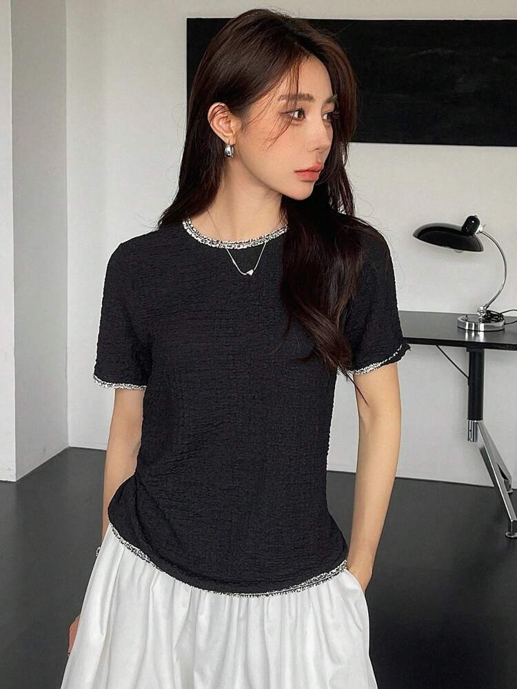 Contrast Edge Round Neck Short Sleeve Women's T-Shirt Preppy Tops