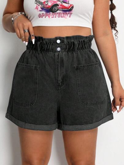SHEIN ICON Plus Size Women High Waist Wide-Leg Denim Shorts With Pleated Hem And Pockets