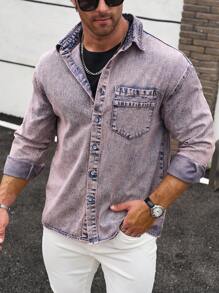 Manfinity Homme Men's Loose Fit Pink Distressed Snow Wash Denim Shirt - Coral Pink - View 3