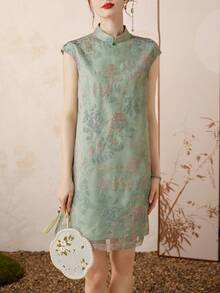 24 Elegant Loose Women Mandarin Gown Dresses (Improved Version) For Summer - Blue - View 6