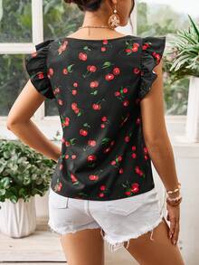 SHEIN VCAY 度假風格櫻桃印花方領荷葉邊上衣 - 黑色 - 查看 2