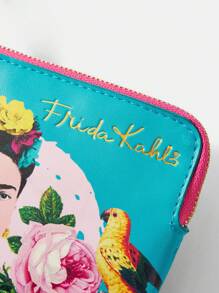 Frida Kahlo X SHEIN Monedero con cremallera con estampado de caracteres y flores, regalo